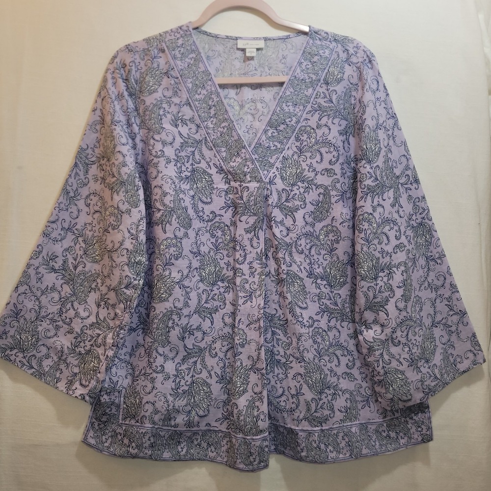 J Jill Love Linen Purple Paisley Boho Popover Blouse Border Print Boxy Sz Med